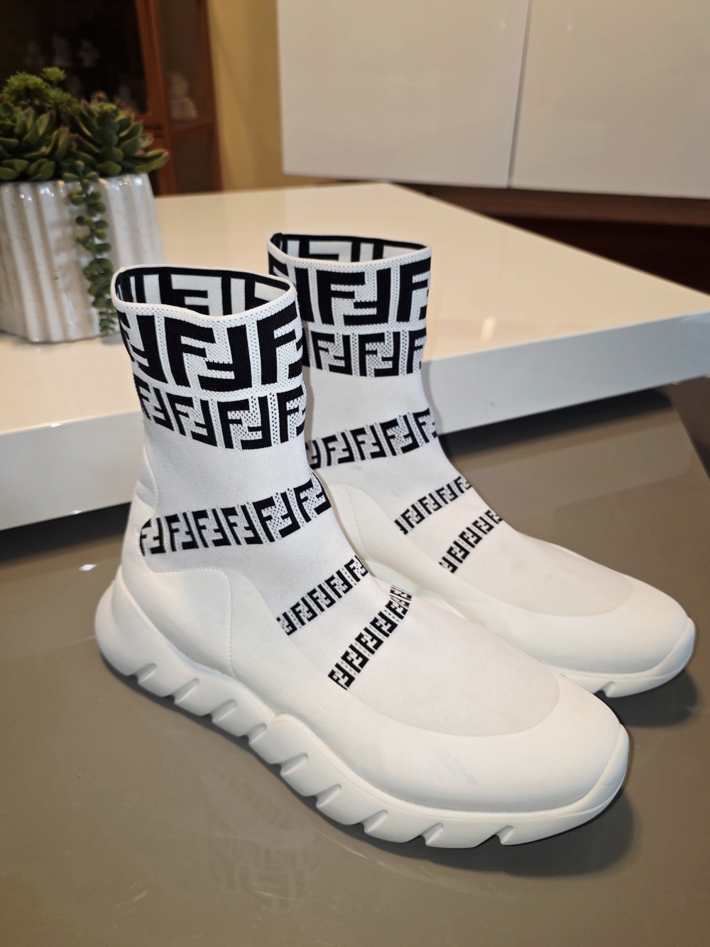 Authentic FENDI White High-Top Knit Slip-On Sneakers with Black FF Logo